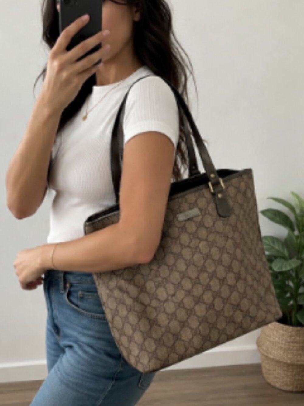 Gucci GG Canvas Brown Leather Trim Tote Bag Authentic